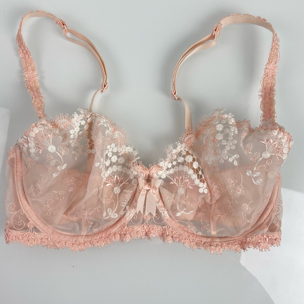 Simone Perele Bra Wish Demi Cup Lace Bra Sheer Light Pink White Floral Knit Mesh